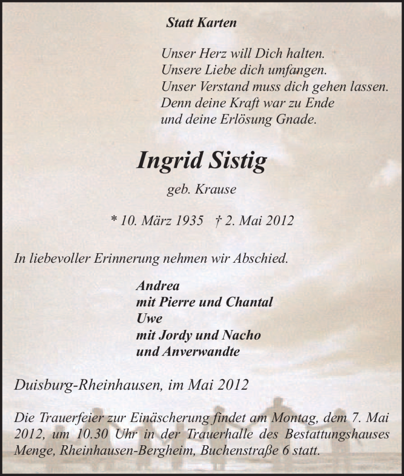  Traueranzeige für Ingrid Sistig vom 04.05.2012 aus Tageszeitung