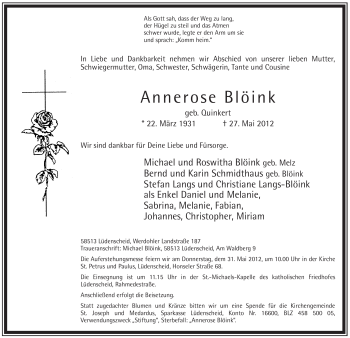Traueranzeige von Annerose Blöink von Tageszeitung