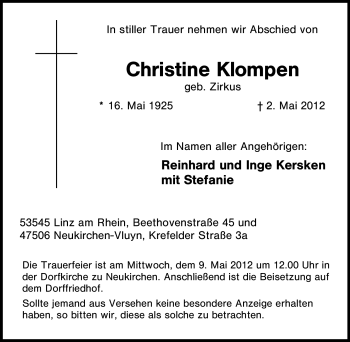 Traueranzeige von Christine Klompen von Tageszeitung