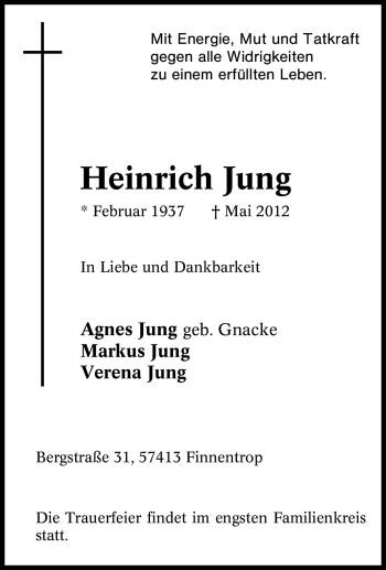 Traueranzeige von Heinrich Jung von Tageszeitung