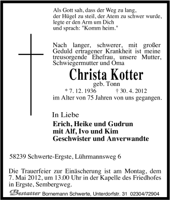 Traueranzeige von Christa Kotter von Tageszeitung