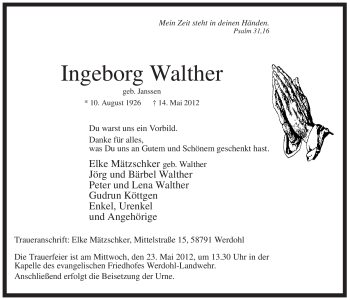 Traueranzeige von Ingeborg Walther von Tageszeitung