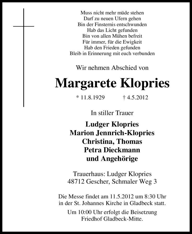  Traueranzeige für Margarete Klopries vom 08.05.2012 aus Tageszeitung