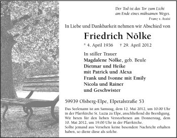 Traueranzeige von Friedrich Nölke von Tageszeitung
