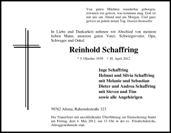 Traueranzeige von Reinhold Schaffring von Tageszeitung