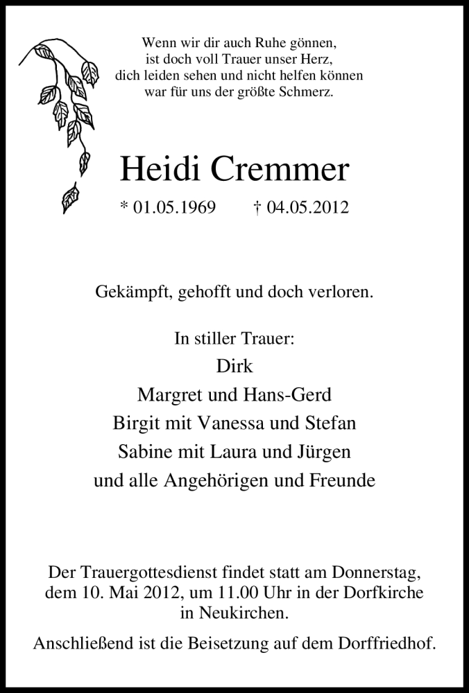  Traueranzeige für Heidi Cremmer vom 08.05.2012 aus Tageszeitung