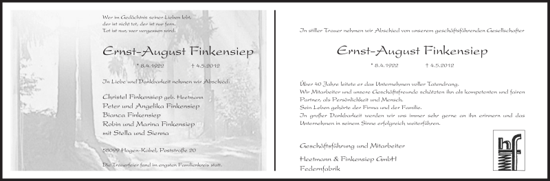  Traueranzeige für Ernst-August Finkensiep vom 11.05.2012 aus Tageszeitung