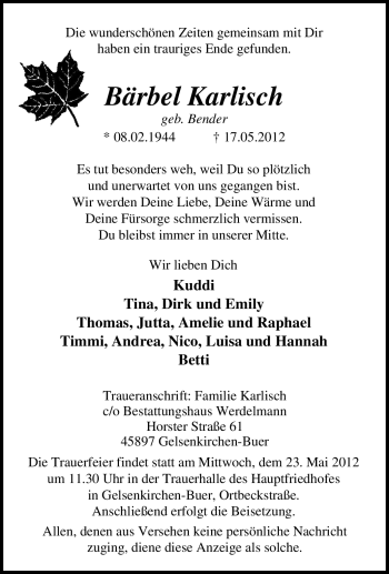 Traueranzeige von Bärbel Karlisch von Tageszeitung