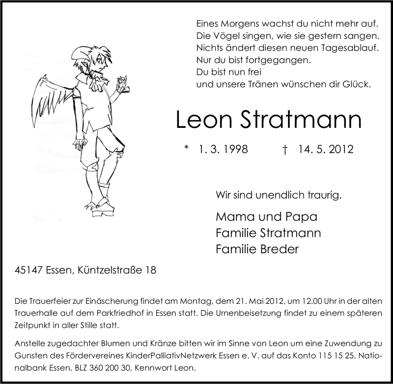  Traueranzeige für Leon Stratmann vom 17.05.2012 aus Tageszeitung