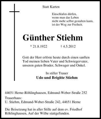 Traueranzeige von Günther Stiehm von Tageszeitung