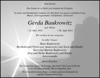 Traueranzeige von Gerda Baukrowitz von Tageszeitung
