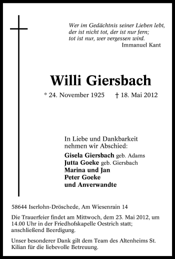 Traueranzeige von Willi Giersbach von Tageszeitung