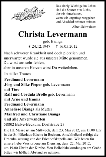 Traueranzeige von Christa Levermann von Tageszeitung