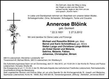 Traueranzeige von Annerose Blöink von Tageszeitung