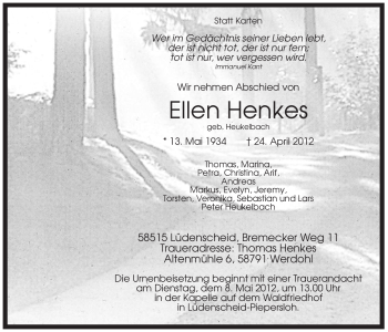 Traueranzeige von Ellen Henkes von Tageszeitung