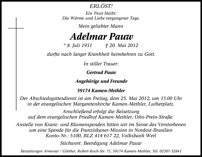  Traueranzeige für Adelmar Pauw vom 23.05.2012 aus Tageszeitung