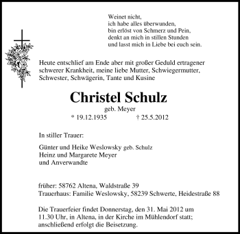 Traueranzeige von Christel Schulz von Tageszeitung