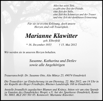 Traueranzeige von Marianne Klawitter von Tageszeitung