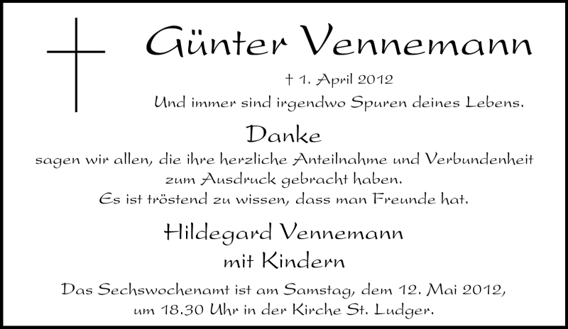  Traueranzeige für Günter Vennemann vom 05.05.2012 aus Tageszeitung