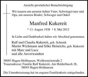Traueranzeige von Manfred Kukereit von Tageszeitung