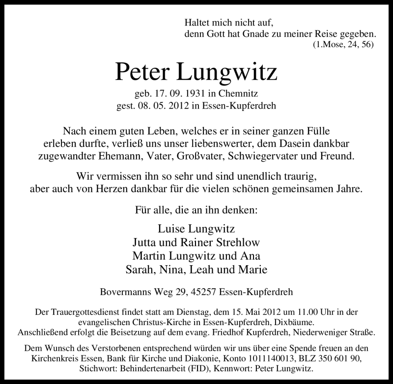  Traueranzeige für Peter Lungwitz vom 12.05.2012 aus Tageszeitung