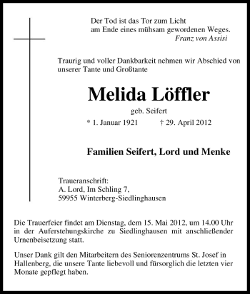 Traueranzeige von Melida Löffler von Tageszeitung