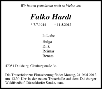 Traueranzeige von Falko Hardt von Tageszeitung