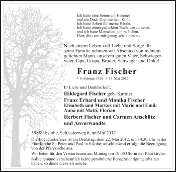 Traueranzeige von Franz Fischer von Tageszeitung