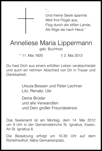 Traueranzeige von Anneliese Maria Lippermann von Tageszeitung