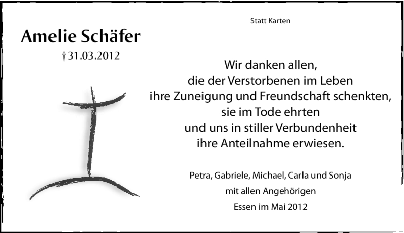  Traueranzeige für Amelie Schäfer vom 12.05.2012 aus Tageszeitung