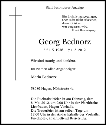 Traueranzeige von Georg Bednorz von Tageszeitung