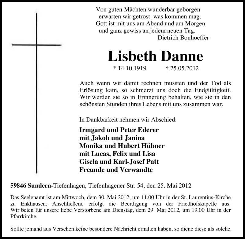  Traueranzeige für Lisbeth Danne vom 29.05.2012 aus Tageszeitung