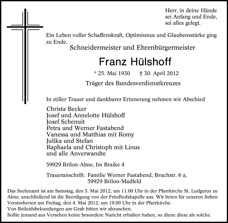 Traueranzeigen von Franz Hülshoff TrauerinNRW.de