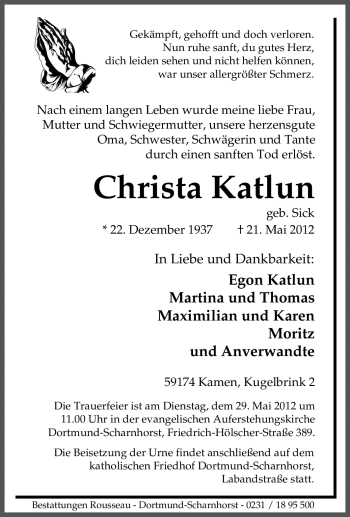 Traueranzeige von Christa Katlun von Tageszeitung