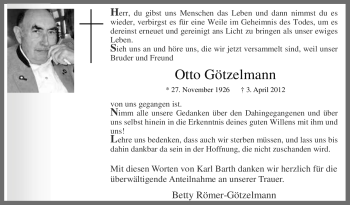 Traueranzeige von Otto Götzelmann von Tageszeitung