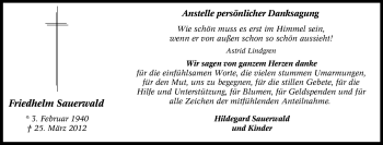 Traueranzeige von Friedhelm Sauerwald von Tageszeitung