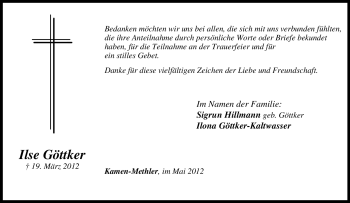 Traueranzeige von Ilse Göttker von Tageszeitung