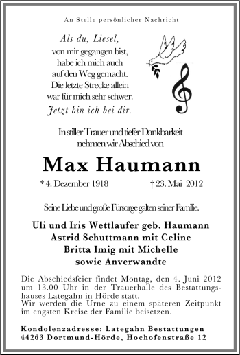 Traueranzeige von Max Haumann von Tageszeitung