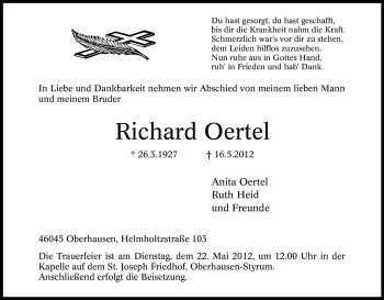 Traueranzeige von Richard Oertel von Tageszeitung