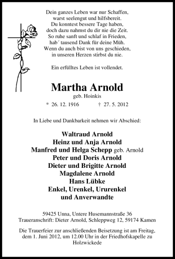 Traueranzeige von Martha Arnold von Tageszeitung