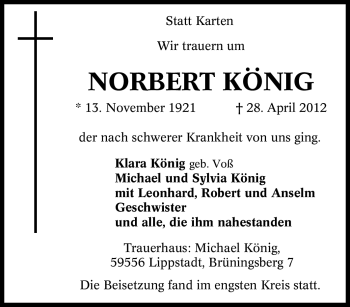 Traueranzeige von Norbert König von Tageszeitung