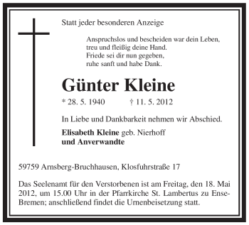 Traueranzeige von Günter Kleine von Tageszeitung