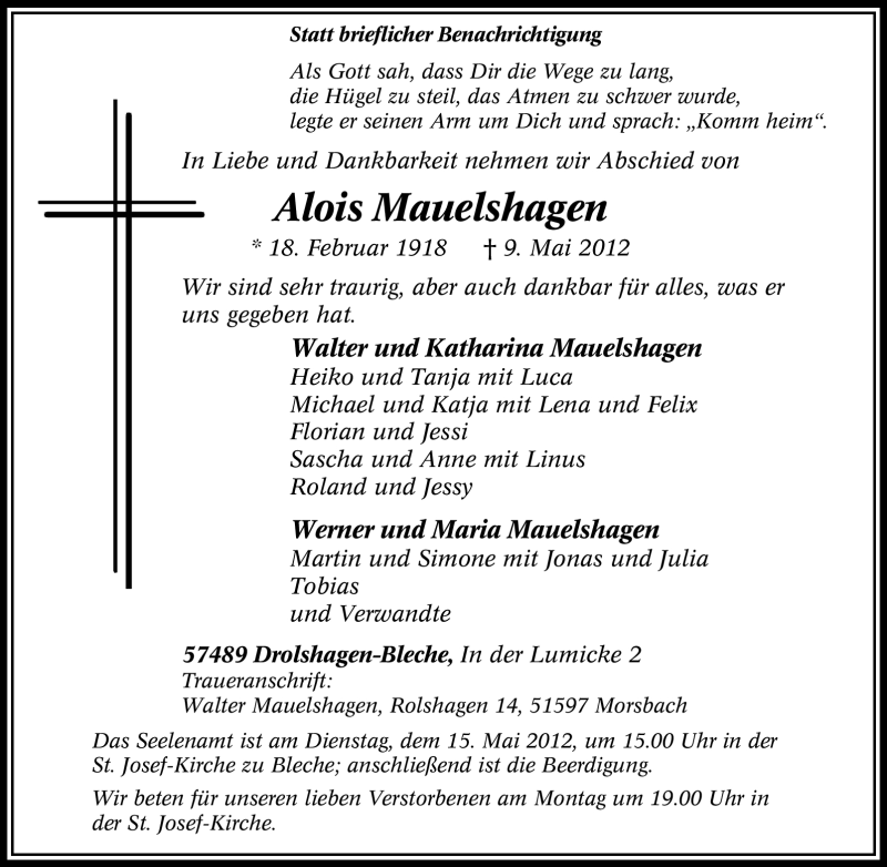  Traueranzeige für Alois Mauelshagen vom 11.05.2012 aus Tageszeitung