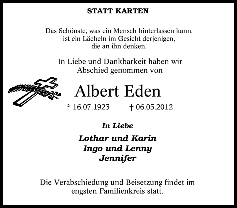  Traueranzeige für Albert Eden vom 23.05.2012 aus Tageszeitung