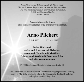 Traueranzeige von Arno Plickert von Tageszeitung