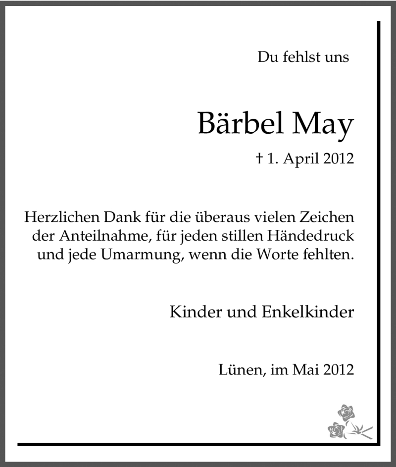  Traueranzeige für Bärbel May vom 19.05.2012 aus Tageszeitung
