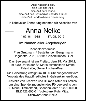 Traueranzeige von Anna Nelke von Tageszeitung