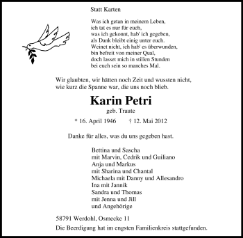 Traueranzeige von Karin Petri von Tageszeitung
