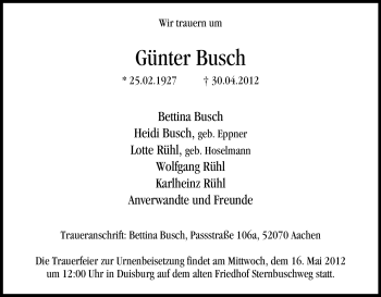 Traueranzeige von Günter Busch von Tageszeitung