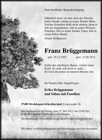 Traueranzeige von Franz Brüggemann von Tageszeitung